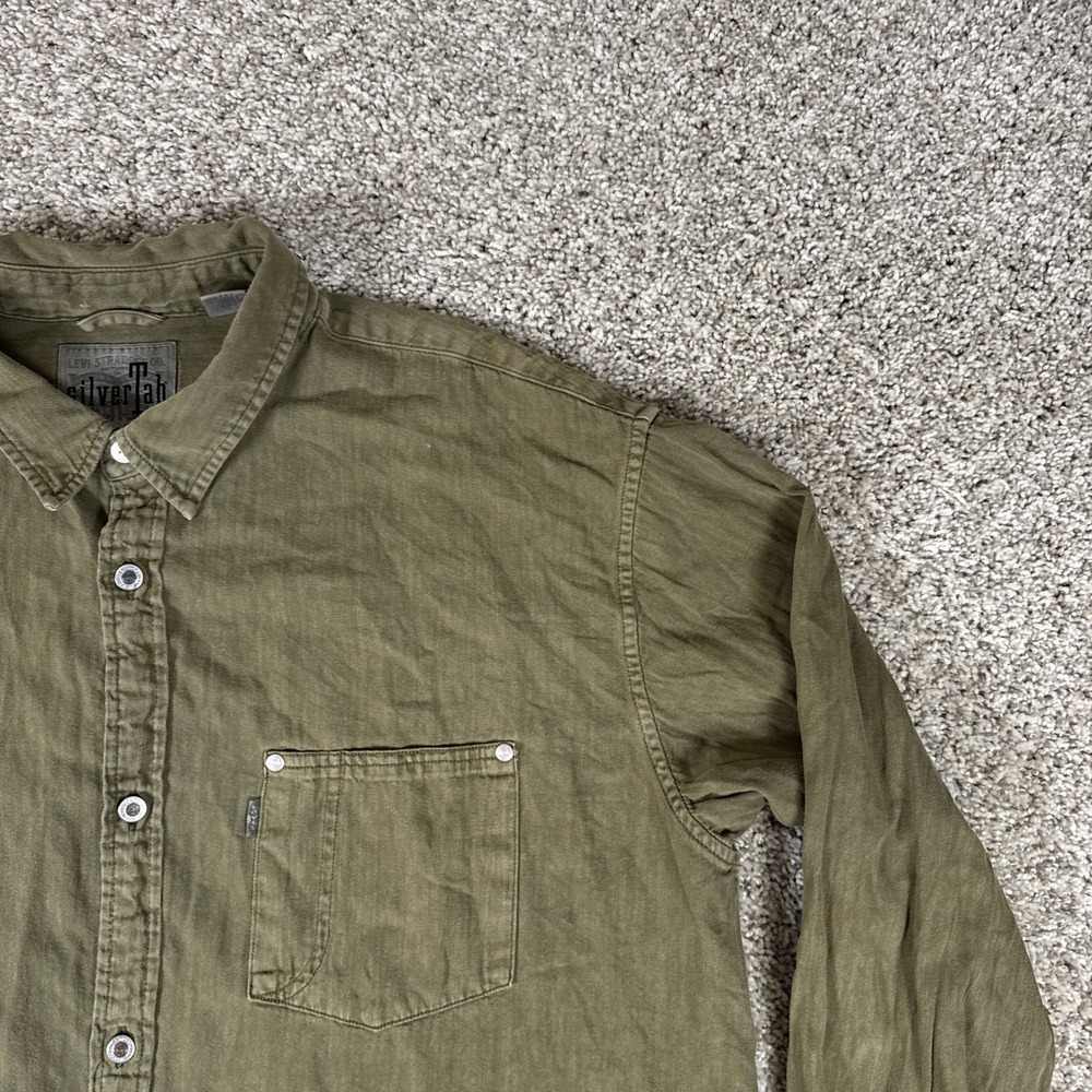 Levis SilverTab Shirt Mens Large Olive Green Relaxed Fit Cotton Button Up Denim - Picture 4 of 12